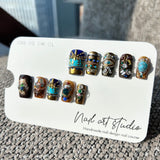 Artist Series: "Pharaoh's Treasure" – Antique Gold & Turquoise Gemstone Heavy Texture Handmade Nails