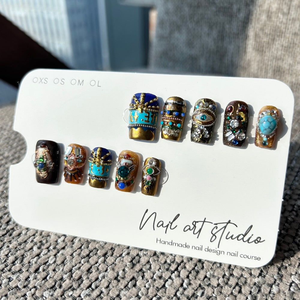 Artist Series: "Pharaoh's Treasure" – Antique Gold & Turquoise Gemstone Heavy Texture Handmade Nails