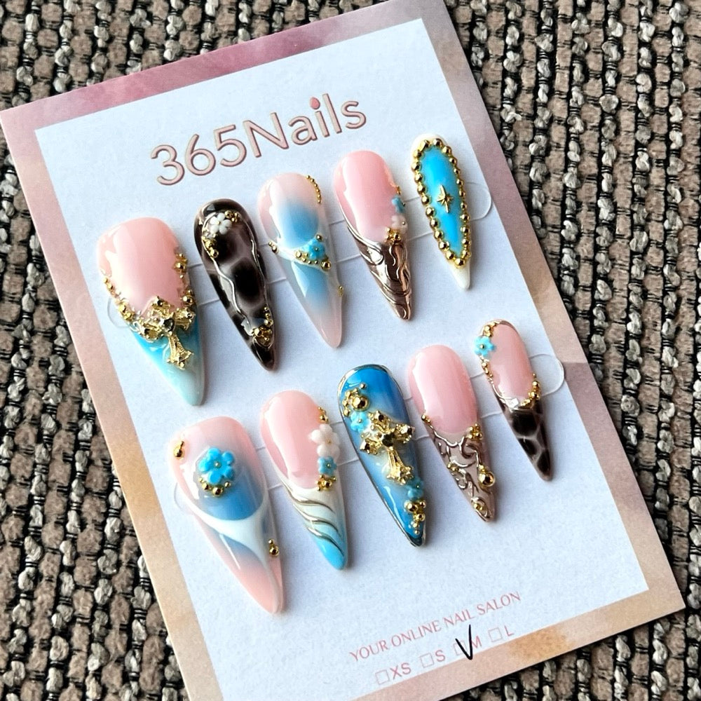 Turquoise Baroque Garden - Blue Gold 3D Press-On Nails