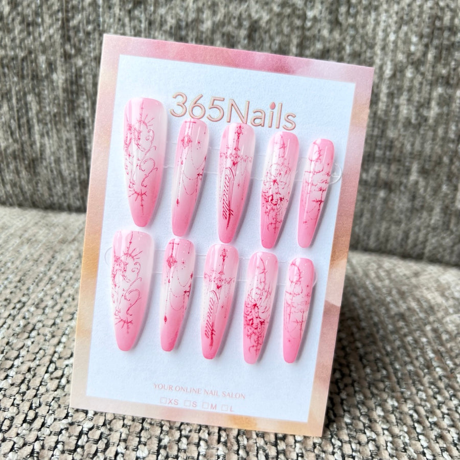 Cosmic Fatale: "Pink Fantasy Sword Veil" – Long Sharp Stiletto Handmade Press On Nails