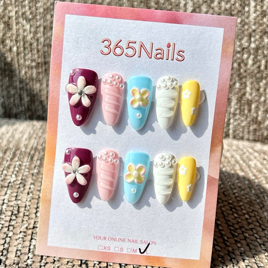 365nails: "Colorful Flower Shell Pearl 3D" – Handmade Medium Stiletto Press-On Nails