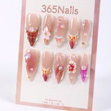 365Nails Sheer Nude Tea with Caramel Jelly Ombre, 3D Florals/Butterfly and Dewy Pearls – Elegant Long Almond Press-On Nails