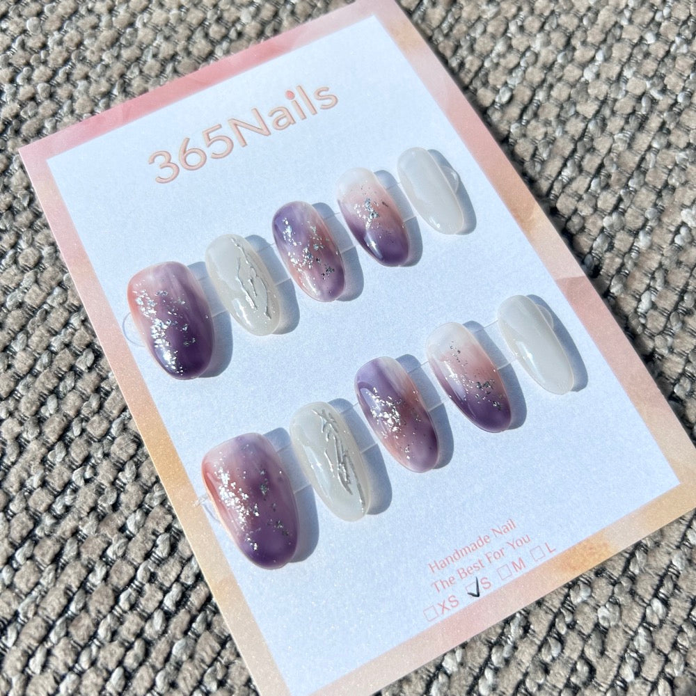Ethereal Ink: "Twilight Lavender" – Smoky Purple & Rust Gradient with Silver Foil & Metallic Line Oval Nails