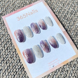 Ethereal Ink: "Twilight Lavender" – Smoky Purple & Rust Gradient with Silver Foil & Metallic Line Oval Nails
