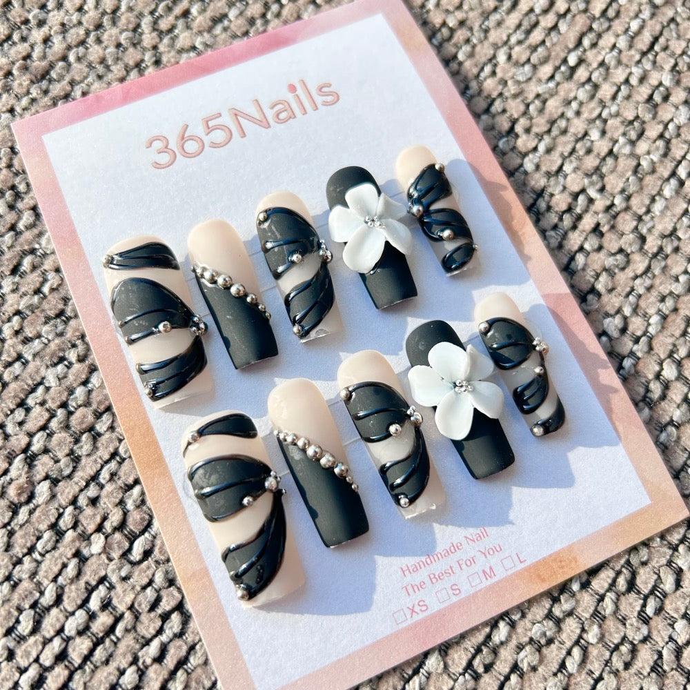 Sculpted Flora: "Monochrome Chain & White Camellia" – 3D White Flower & Silver Beads on Matte Black & Nude Coffin Nails