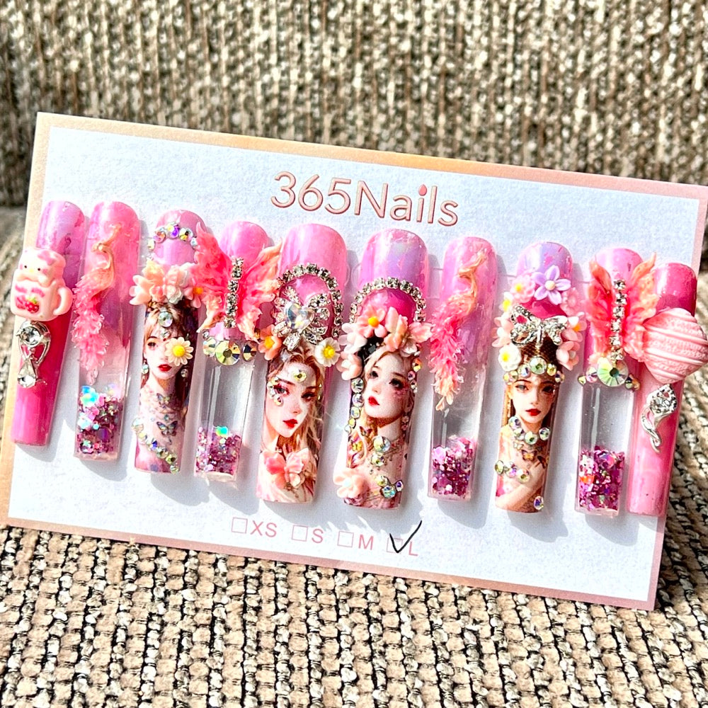 365nails: "Pink Fairy Princess" – Handmade Floral Liquid Motion Press-On Long Pipe Nails-5.5cm