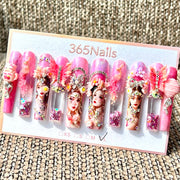 365nails: 粉紅仙女公主 – 手工製花卉液體流動長款管狀穿戴甲-5.5cm