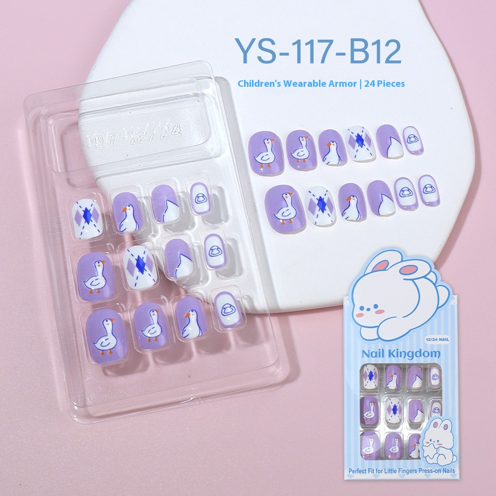 Children press on nails, cartoon 24-piece boxed finished product, sweet and cute children's removable fake nail patch manicure