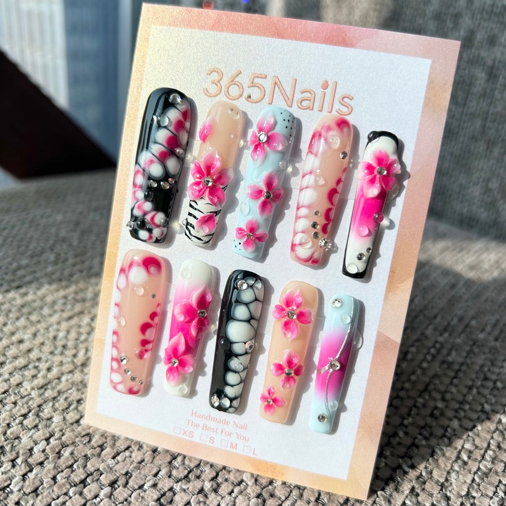 Handmade "Neon Bloom" 3D Floral Press-on Nails | Bubble Texture & Zebra Tip | Long Coffin | 10pcs Set