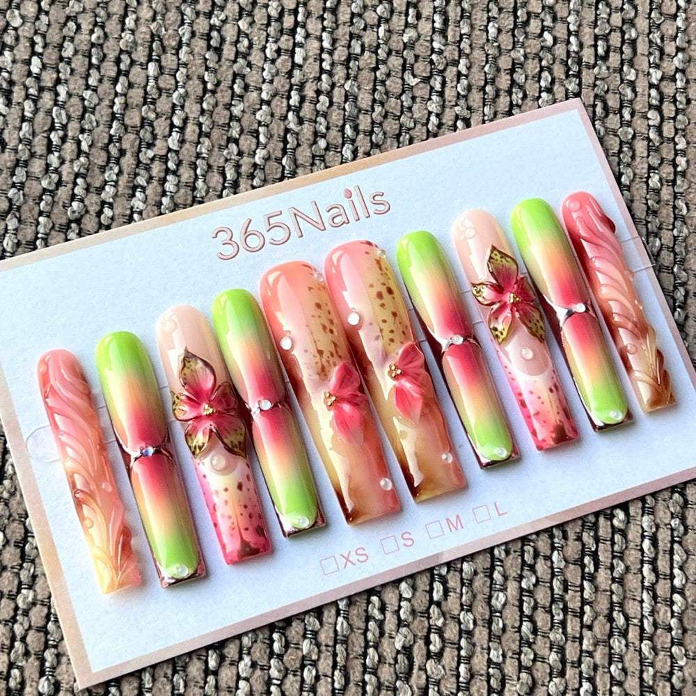 Neon Garden Pop - Green Pink Floral Press-On Nails
