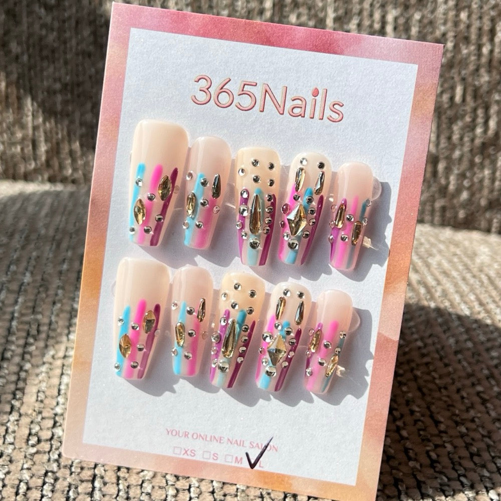 365nails「霓虹之夜」3D 抽象藝術 手工製 穿戴甲 長款 棺材形