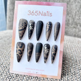 Femme Fatale: "Predator" – Matte Black & Brown Animal Print (Snake/Leopard) with Silver Chrome Spine Art Long Stiletto Nails