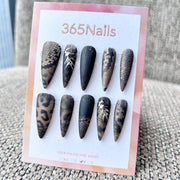 Femme Fatale: "Predator" – Matte Black & Brown Animal Print (Snake/Leopard) with Silver Chrome Spine Art Long Stiletto Nails