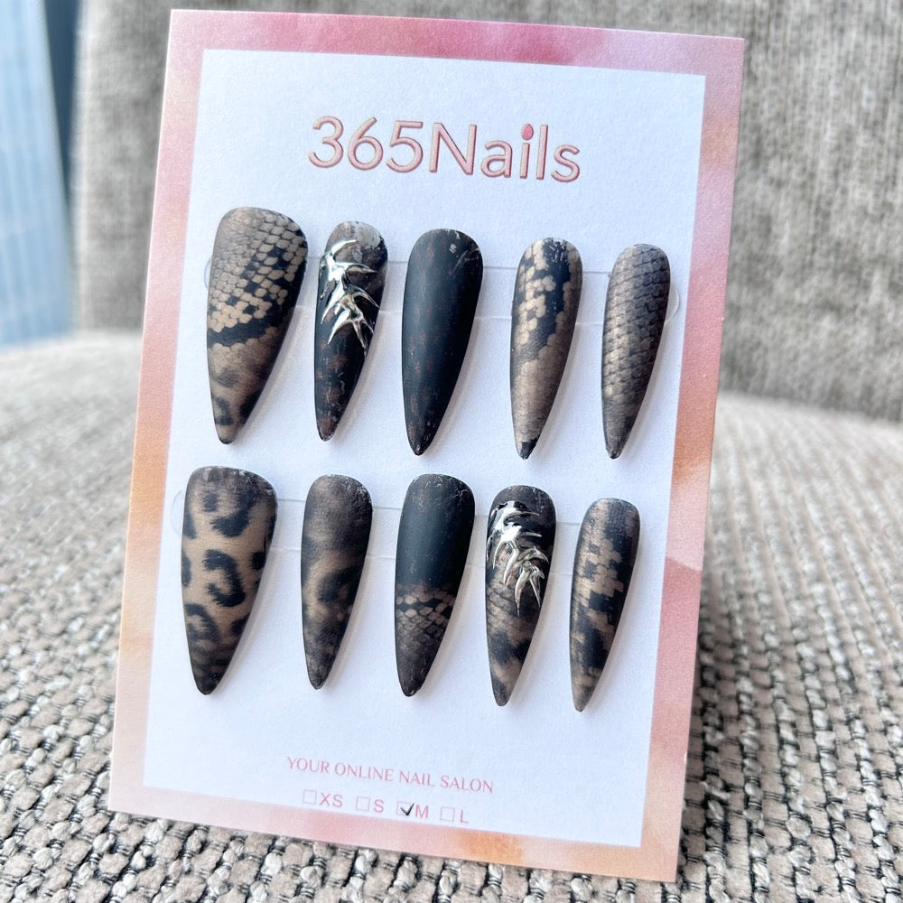 Femme Fatale: "Predator" – Matte Black & Brown Animal Print (Snake/Leopard) with Silver Chrome Spine Art Long Stiletto Nails