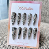 Femme Fatale: "Medusa's Gaze" – Realistic Grey Python Snake Skin Print with 3D Liquid Silver Chrome Vines Long Stiletto Nails