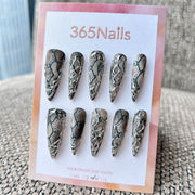 Femme Fatale: "Medusa's Gaze" – Realistic Grey Python Snake Skin Print with 3D Liquid Silver Chrome Vines Long Stiletto Nails