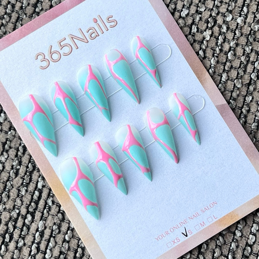 Mint Green and Pink Abstract Graphic Press-On Nails