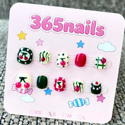 365nails: "Retro Cherry Pop" – 3D Fruit & Striped Handmade Short Square Nails