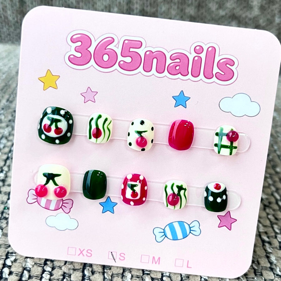 365nails: "Retro Cherry Pop" – 3D Fruit & Striped Handmade Short Square Nails
