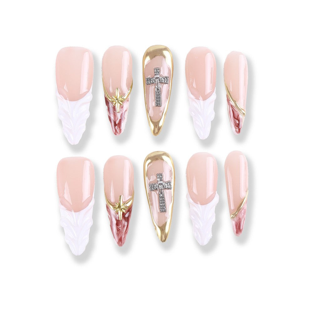 Nude and Gold Cross Press-On Nails with 3D Carved Details ( MOQ=5pcs )
