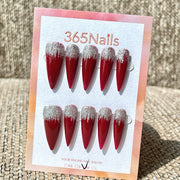 365nails: "Frosted Ruby" – Silver Glitter Dipped French Handmade Stiletto Nails