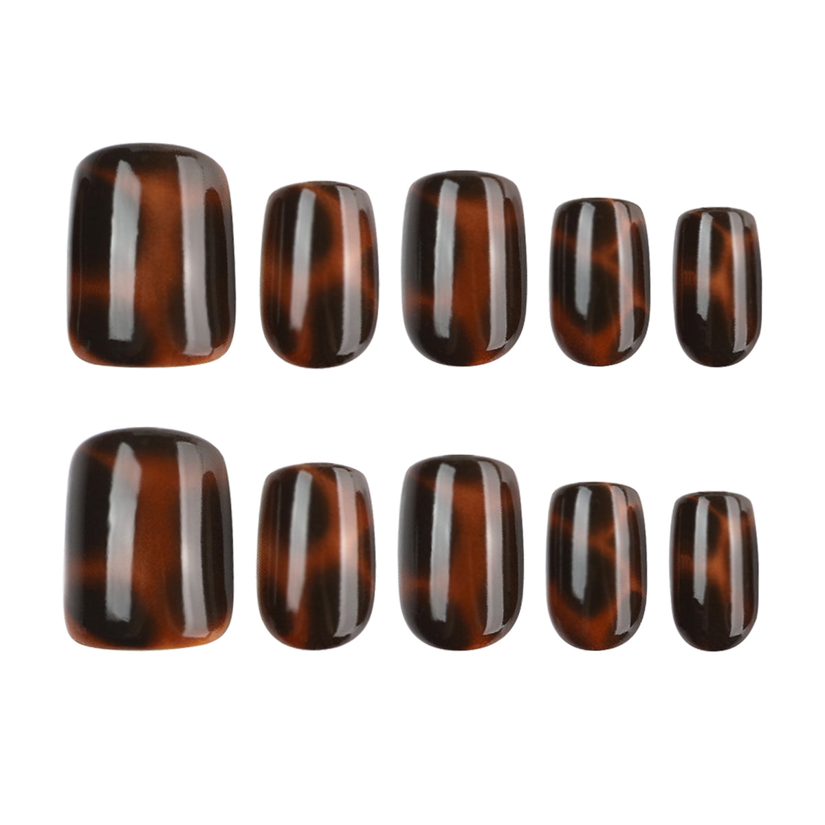 Ten glossy tortoiseshell press-on nails in different sizes