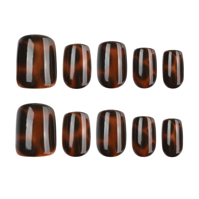 Ten glossy tortoiseshell press-on nails in different sizes