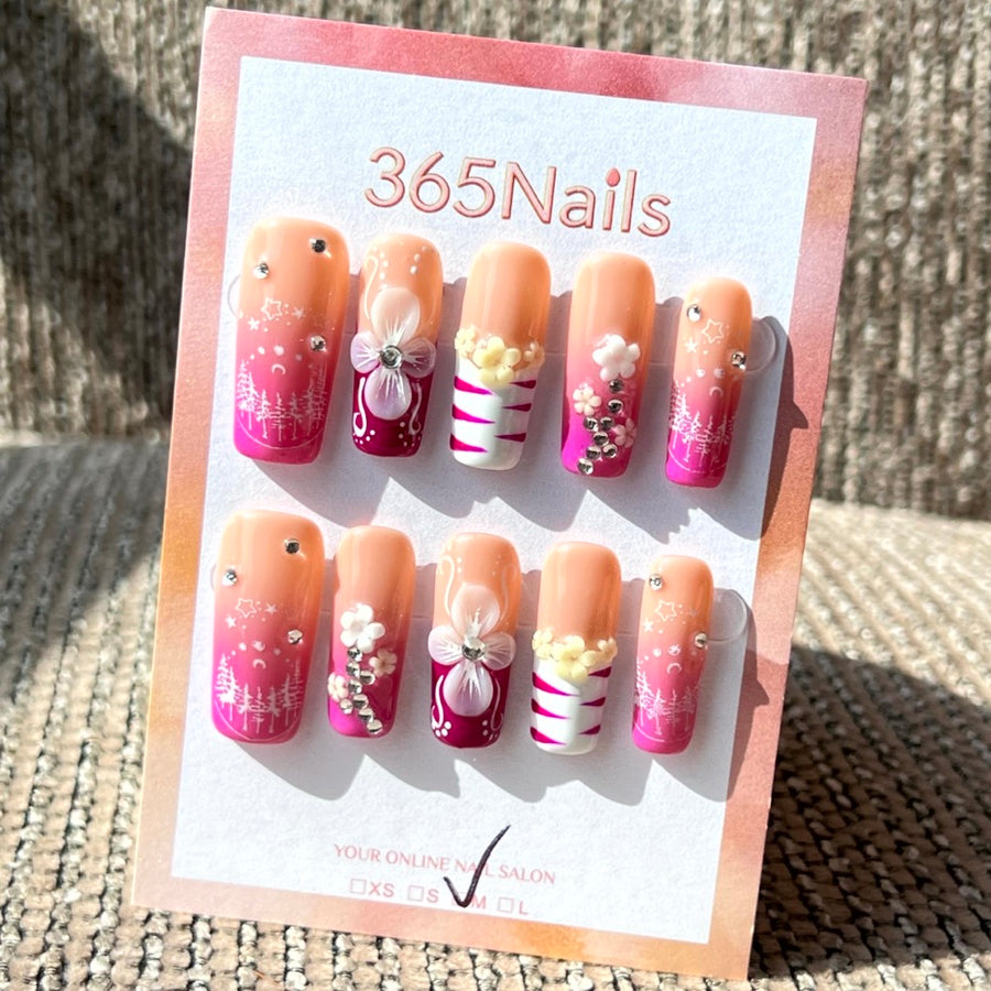 365nails: "Blooming Berry" – 3D Floral Bow Handmade Medium Square Nails