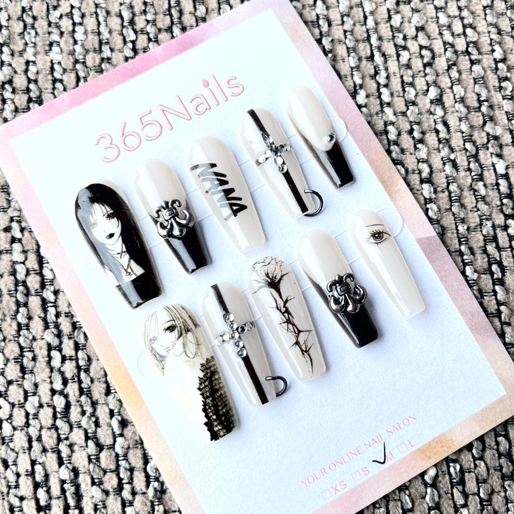 365nails: "NANA Anime Black White" – Handmade Medium Trapezoid Press-On Nails