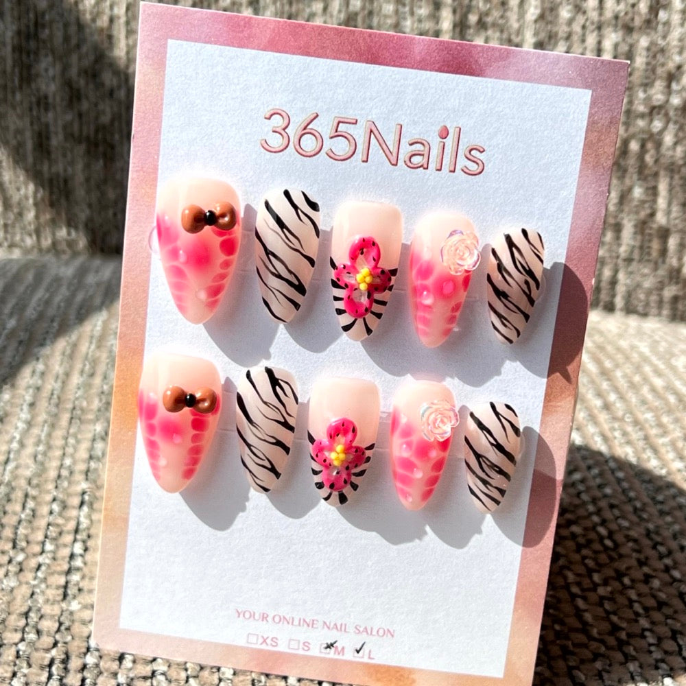 365nails: "Wild Bloom" – 3D Bow & Zebra Print Handmade Almond Nails