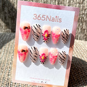 365nails: "Wild Bloom" – 3D Bow & Zebra Print Handmade Almond Nails