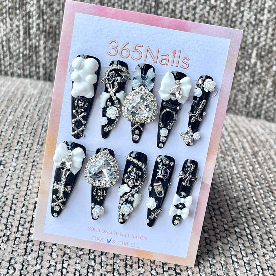 365nails: "Gothic Bear Bow Rose Heart Rhinestone Cross Metal" – 3D Ornament Handmade Long Stiletto Nails
