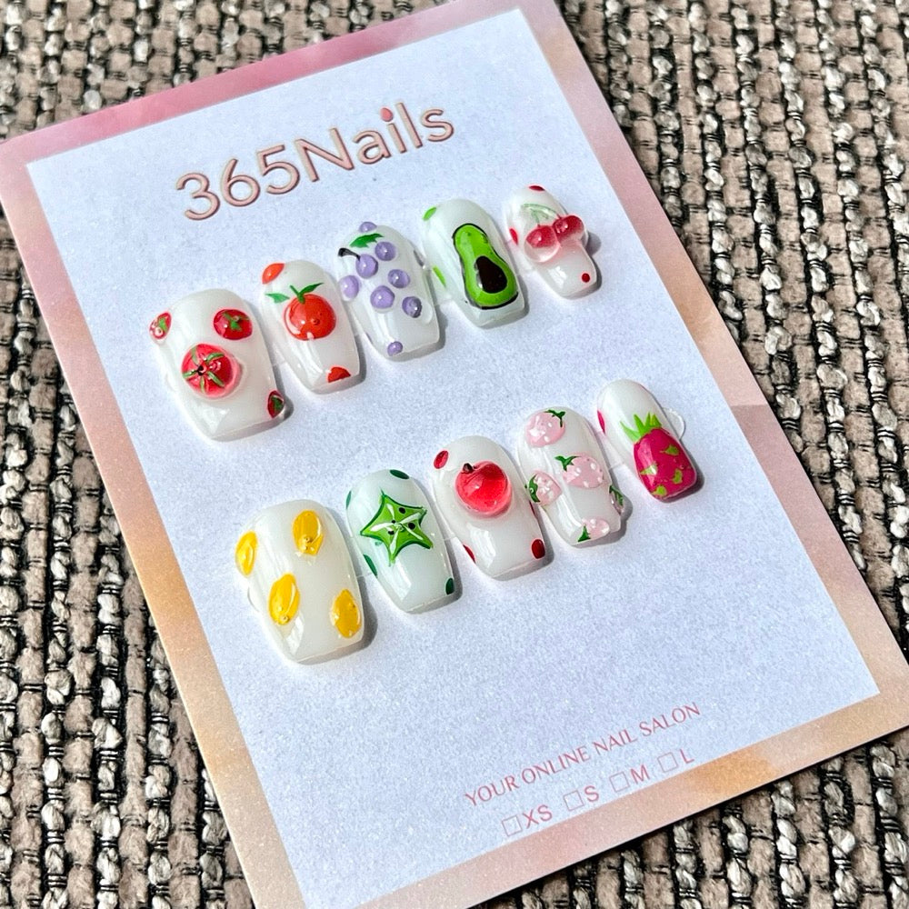 365nails: "Fruit Basket" – 3D Foodie Handmade Medium Square Press On Nails