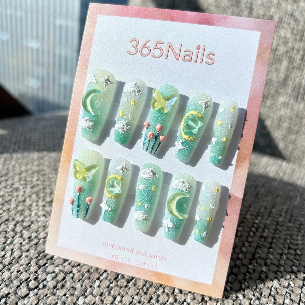 Sweet & Dopamine: "Minty Starlight Garden" – Mint Green Gradient, Sugar Glitter, 3D Butterfly, Moon, Star & Tulip Press-on Nails