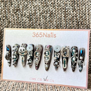 365nails: 할로윈 호박 고딕 진주 스틸레토형 — 수제 프레스온 네일