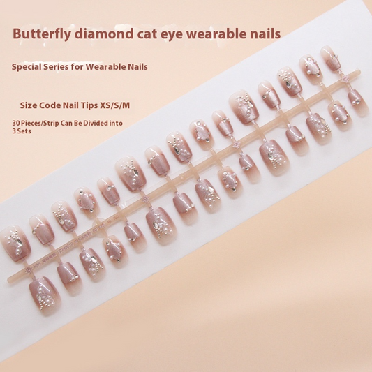 Nail Tips  prefabricated nail, press on nails, Guofeng removable butterfly cat eye nail piece, short T manicure patch, drill model｜365nails