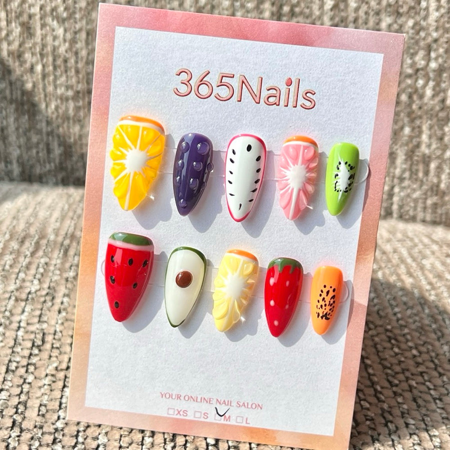 365nails 트로피컬 과일 믹스 3D 수제 미디엄 스틸레토형 프레스온 네일