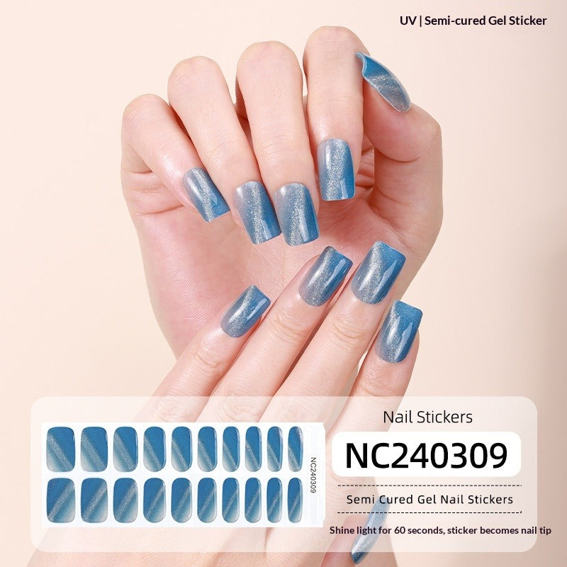 Semi-Cured Gel Nail Strips Sparkle Diagonal Cat Eye Glossy Design (MOQ=3)