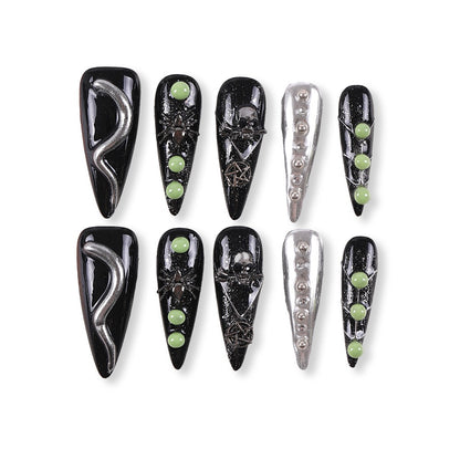 365Nails Midnight Black x Chrome Silver with Skulls, Spiders and Neon Green Studs – Gothic Long Stiletto Press-On Nails