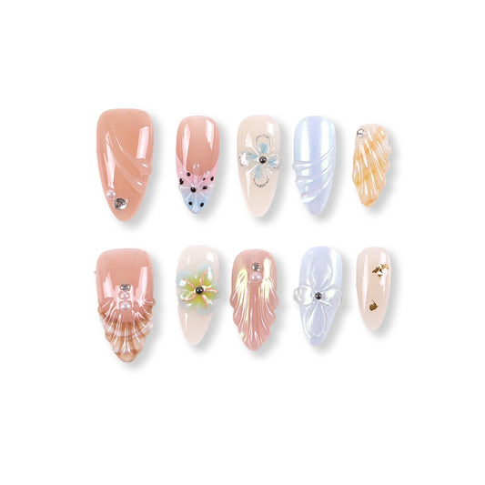 365nails milky apricot jelly with shell carving and mini rhinestones press-ons