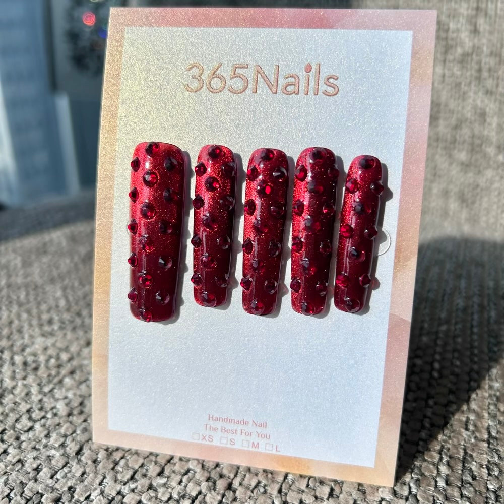 Ruby Queen Press On Nails｜Wine Red Long Square with Crystals | Crystal Armor Series