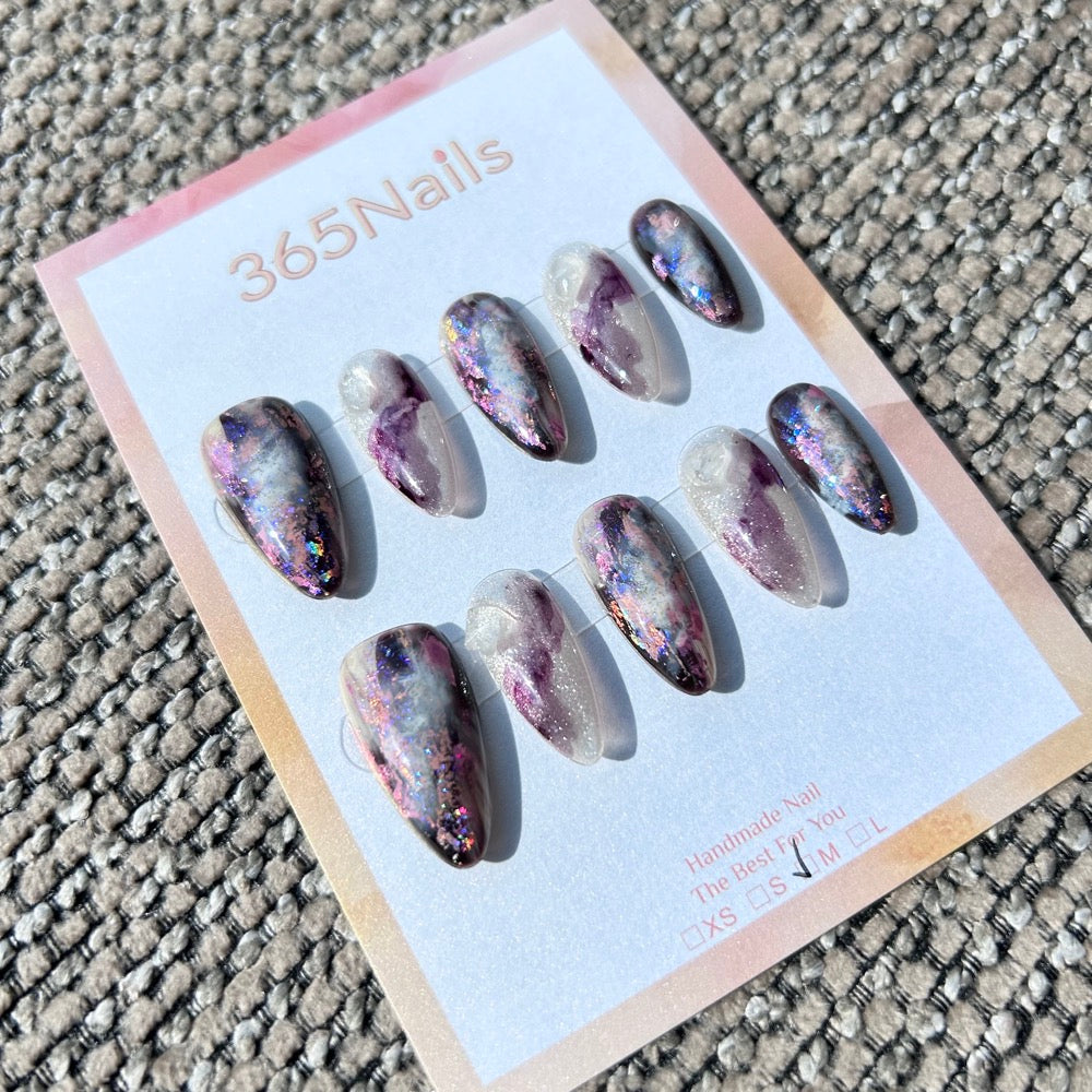 "Cosmic Violet Nebula" – Deep Purple & Milky Galaxy Marble with Chameleon Foil Almond Nails