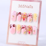 Pink and orange butterfly × 3D flower with rhinestones, medium square hand-painted press on nail