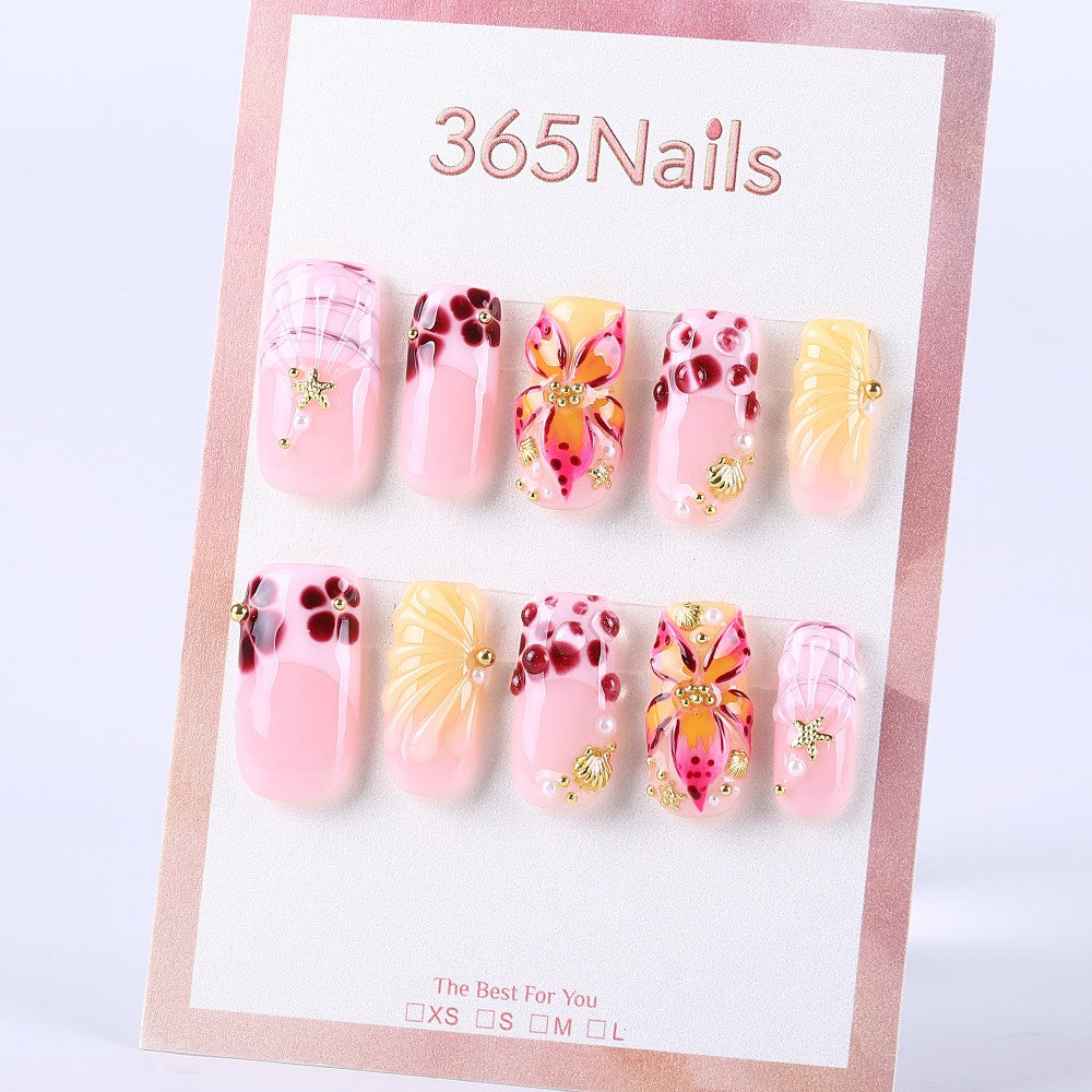 Pink and orange butterfly × 3D flower with rhinestones, medium square hand-painted press on nail