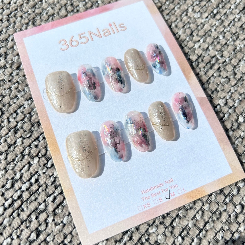 Ethereal Ink: "Abstract Poetry" – Beige Shimmer & Pink-Blue Splash Ink Marble with Aurora Foil Oval Nails