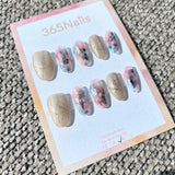 Ethereal Ink: "Abstract Poetry" – Beige Shimmer & Pink-Blue Splash Ink Marble with Aurora Foil Oval Nails