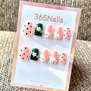 "Pink Green Polka Dot Flower" - Wholesale Ultra-Soft Flexible Fit Handmade Nails (MOQ=100)