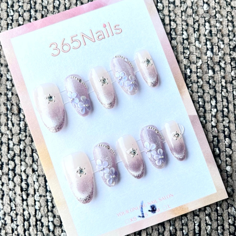 365nails: "Lilac Whisper" – 3D Floral Handmade Short Almond Nails