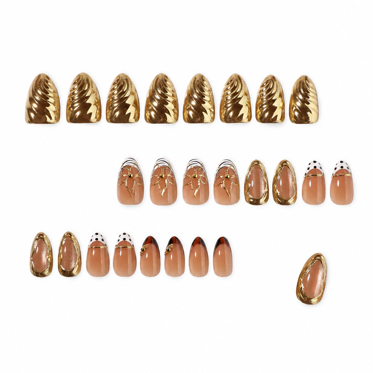 Full set of 24 almond press-on nails with gold and nude designs
