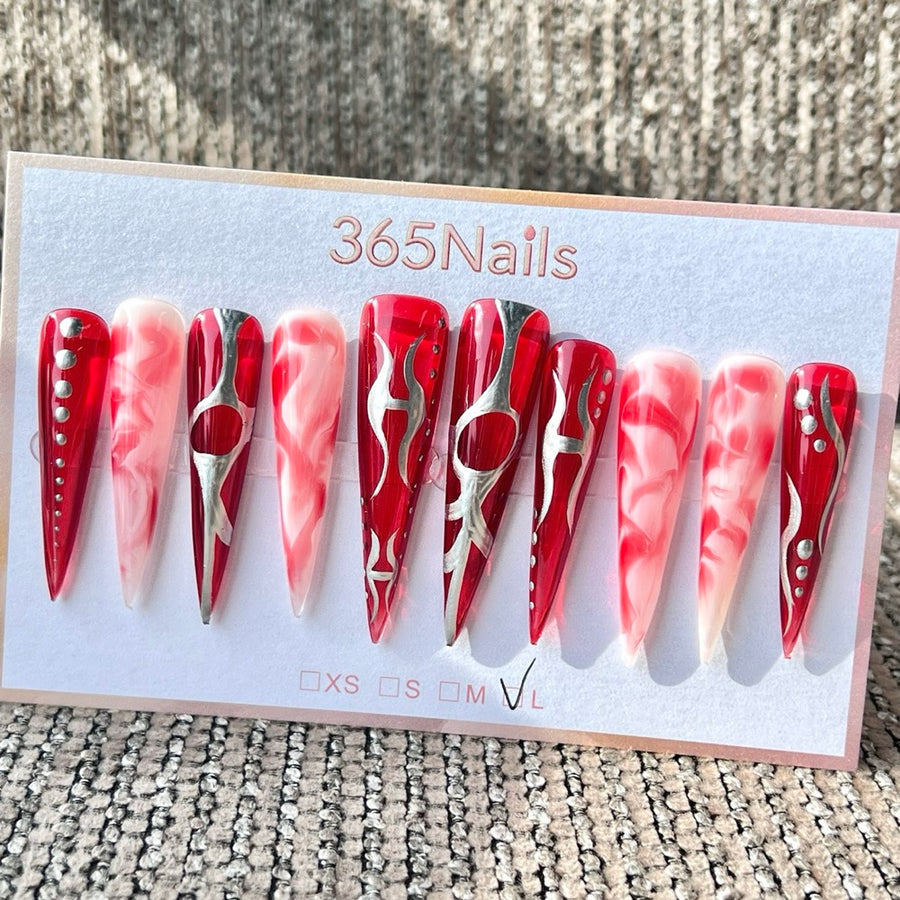365nails: "Red Pink Silver Flame Long" – Handmade Long Stiletto Press-On Nails
